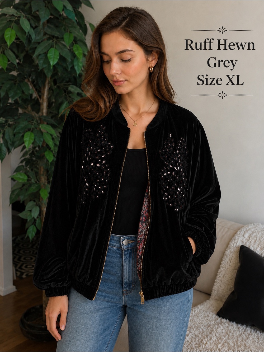 Ruff Hewn Grey Black Velvet Embellished Bomber Jacket Size XLarge